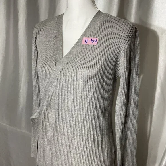 WAYF Ribbed Knit Gray Wrap Midi Dress size LWith Long Sleeves & Adjustable Tie B - Picture 9 of 9